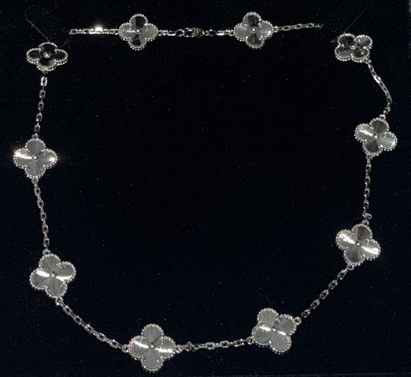 COLLAR  10 TREBOL PLATA CON TREBOL DE RAYAS / PLATA .925 BAÑO DE ORO BLANCO18K
