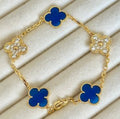 PULSERA 5 TREBOL DORADA AZUL Y PIEDRA / PLATA .925 BAÑO DE ORO 18K