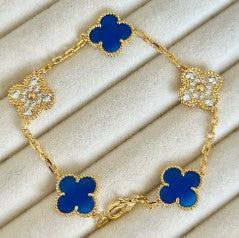 PULSERA 5 TREBOL DORADA AZUL Y PIEDRA / PLATA .925 BAÑO DE ORO 18K