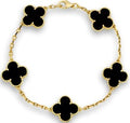 PULSERA 5 TREBOL DORADA CON PIEDRA NEGRA / PLATA .925 BAÑO DE ORO 18K
