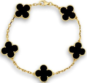 PULSERA 5 TREBOL DORADA CON PIEDRA NEGRA / PLATA .925 BAÑO DE ORO 18K