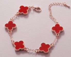 PULSERA 5 TREBOL ROSA CON PIEDRAS ROJAS / PLATA .925 BAÑO DE ORO 18K