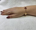 PULSERA 5 TREBOL ROSA CON PIEDRAS ROJAS Y RAYAS / PLATA .925 BAÑO DE ORO 18K