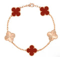 PULSERA 5 TREBOL ROSA CON PIEDRAS ROJAS Y RAYAS / PLATA .925 BAÑO DE ORO 18K