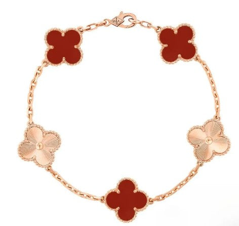 PULSERA 5 TREBOL ROSA CON PIEDRAS ROJAS Y RAYAS / PLATA .925 BAÑO DE ORO 18K